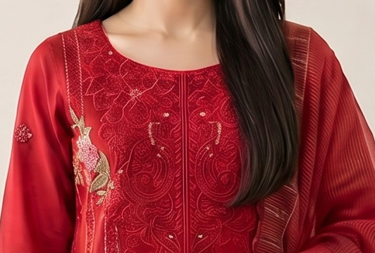 Alkareem Red 3 Piece Stitched Linen Suit Pakistan Winter Collection