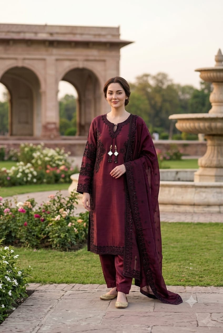 Premium Maroon Sheesha Silk Embroidered 3 Piece Suit Front View