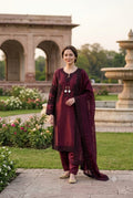 Premium Maroon Sheesha Silk Embroidered 3 Piece Suit Front View