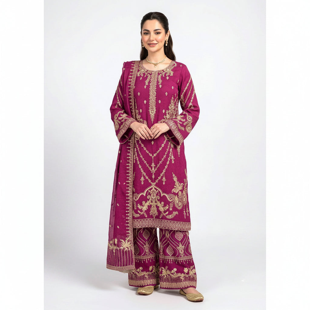 Woman wearing a magenta embroidered traditional outfit on a white background