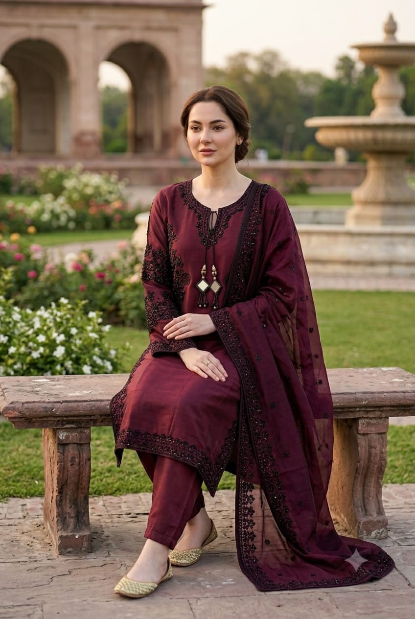 Luxury Maroon Sheesha Silk Dress Model Sitting Pose