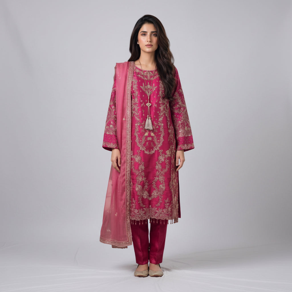 Woman wearing a pink embroidered traditional outfit on a white background