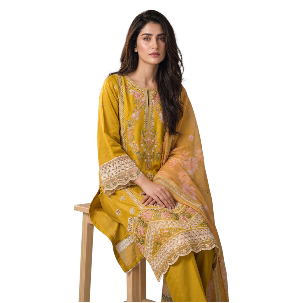 Ak-2621 | Yellow 3 Piece Embroidered Lawn Suit
