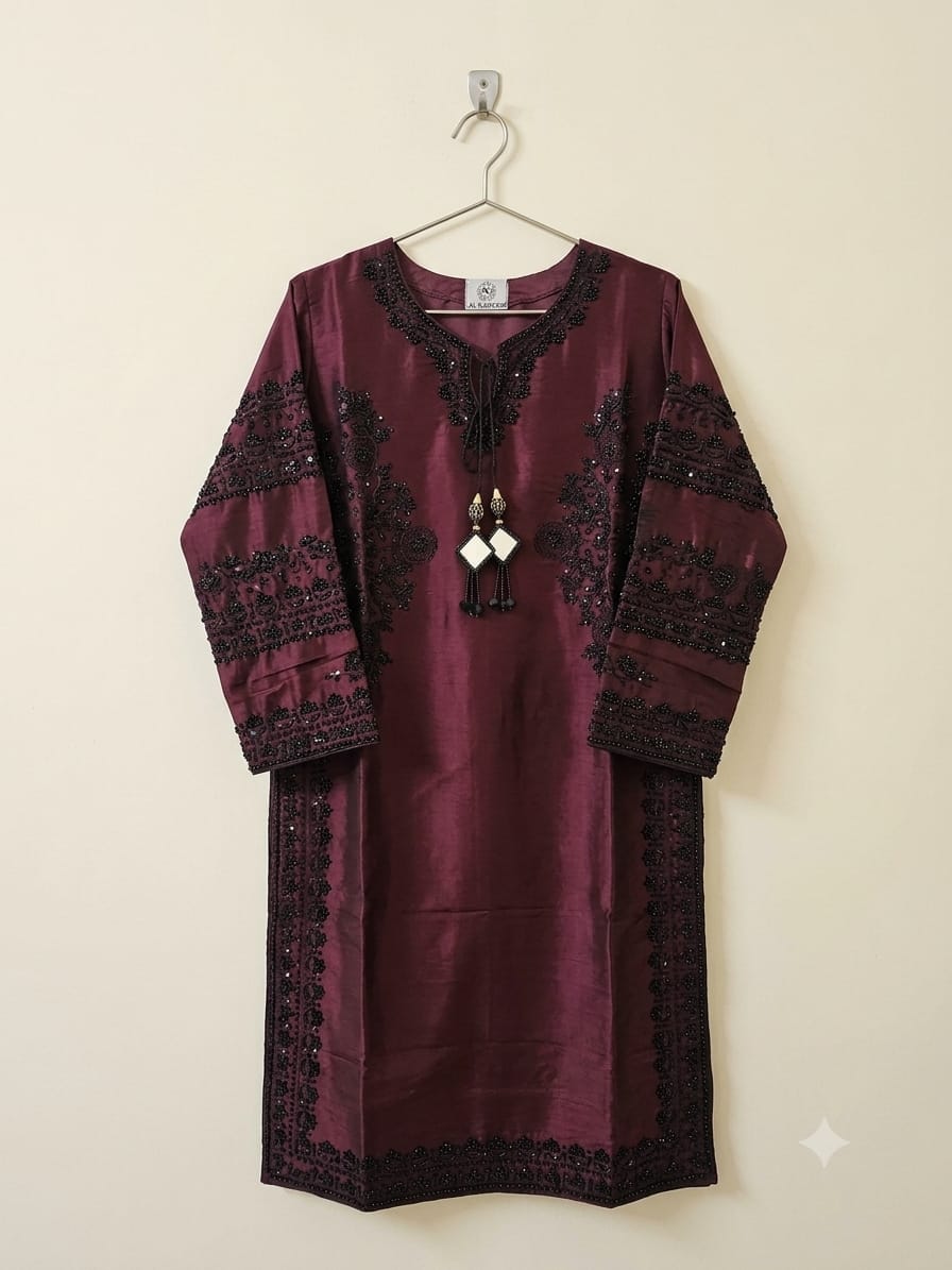 Embroidered Sheesha Silk Shirt Front Design Maroon