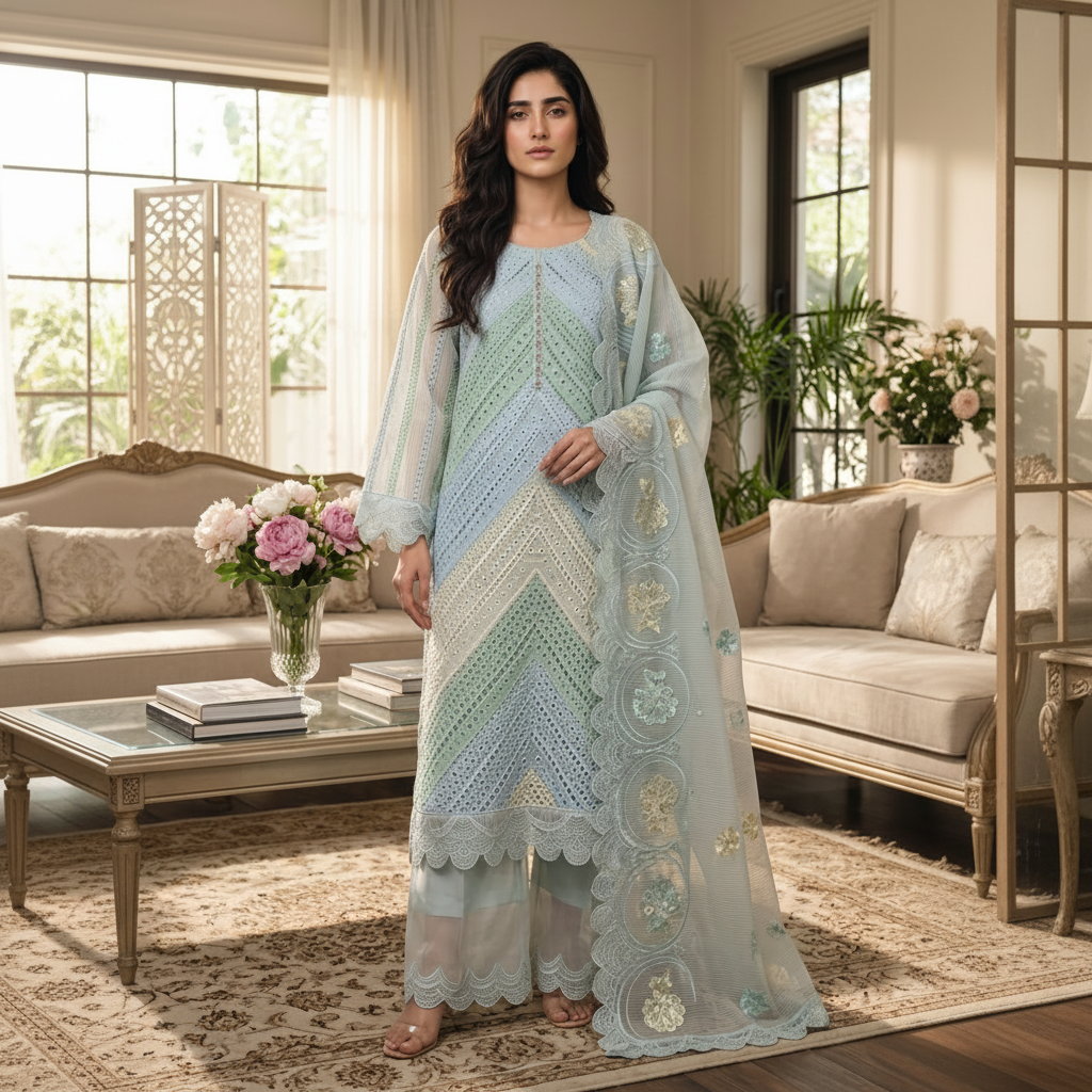 Alkareem Sky Blue Embroidered Lawn 3 Piece Stitched Suit Pakistan