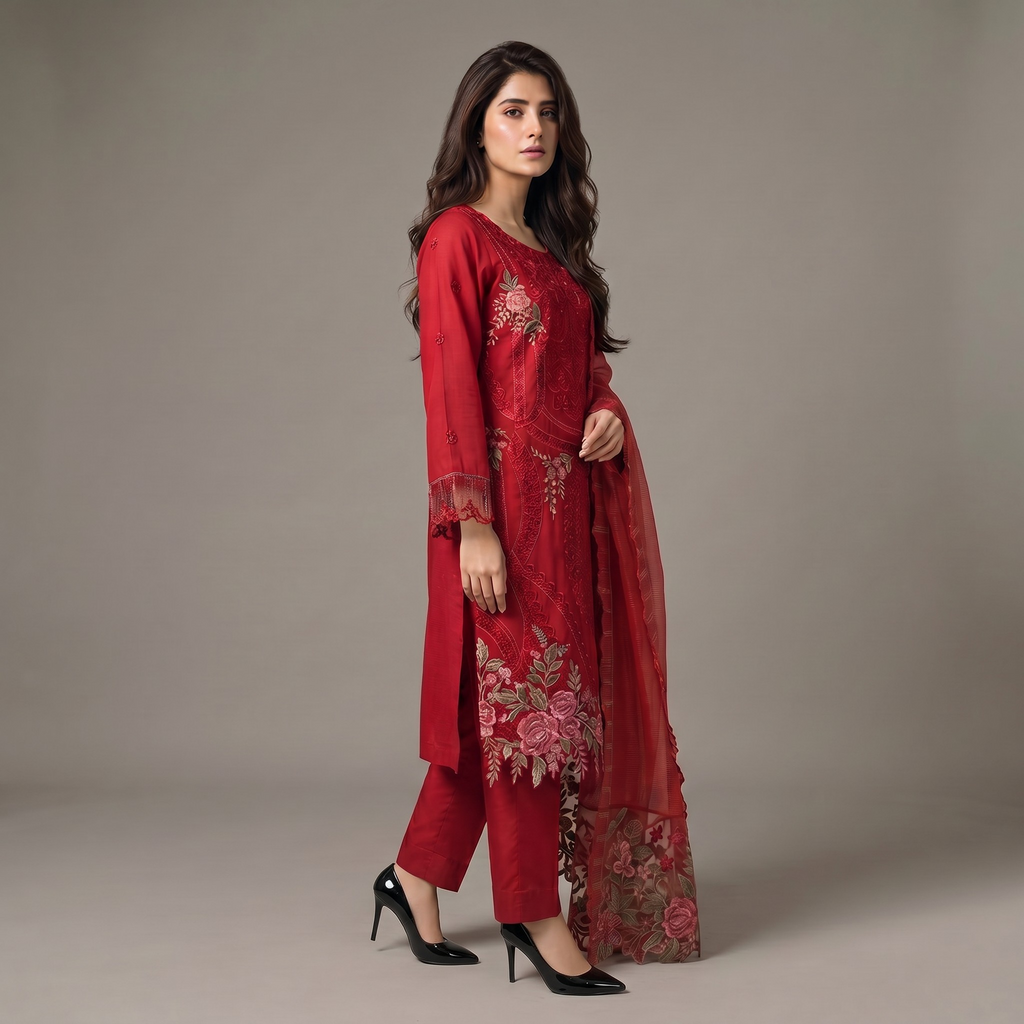 Alkareem Red Embroidered Twill Linen Stitched Suit Back View