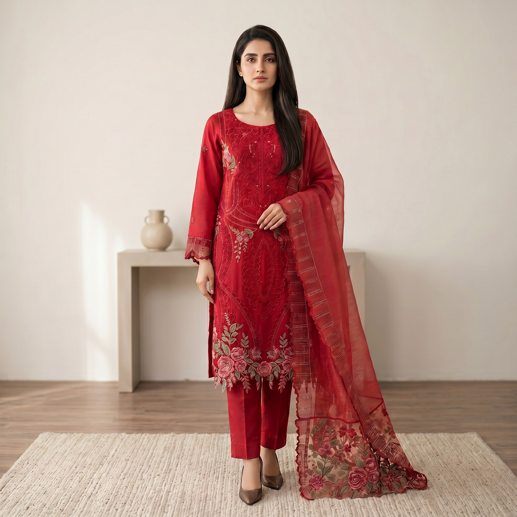Alkareem Red Embroidered Twill Linen 3 Piece Stitched Suit Front