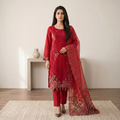 Alkareem Red Embroidered Twill Linen 3 Piece Stitched Suit Front