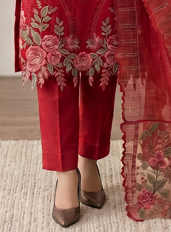 Alkareem Red 3 Piece Stitched Linen Suit Pakistan Winter Collection