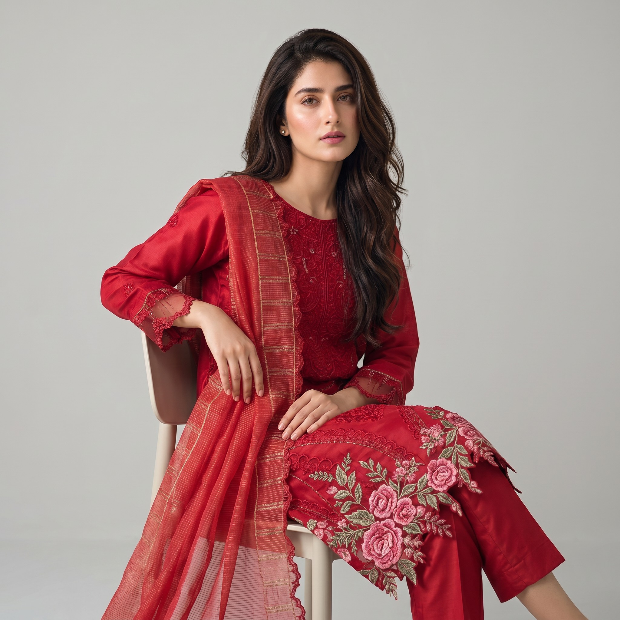 Alkareem Red Linen Suit Printed Wool Shawl Pakistan